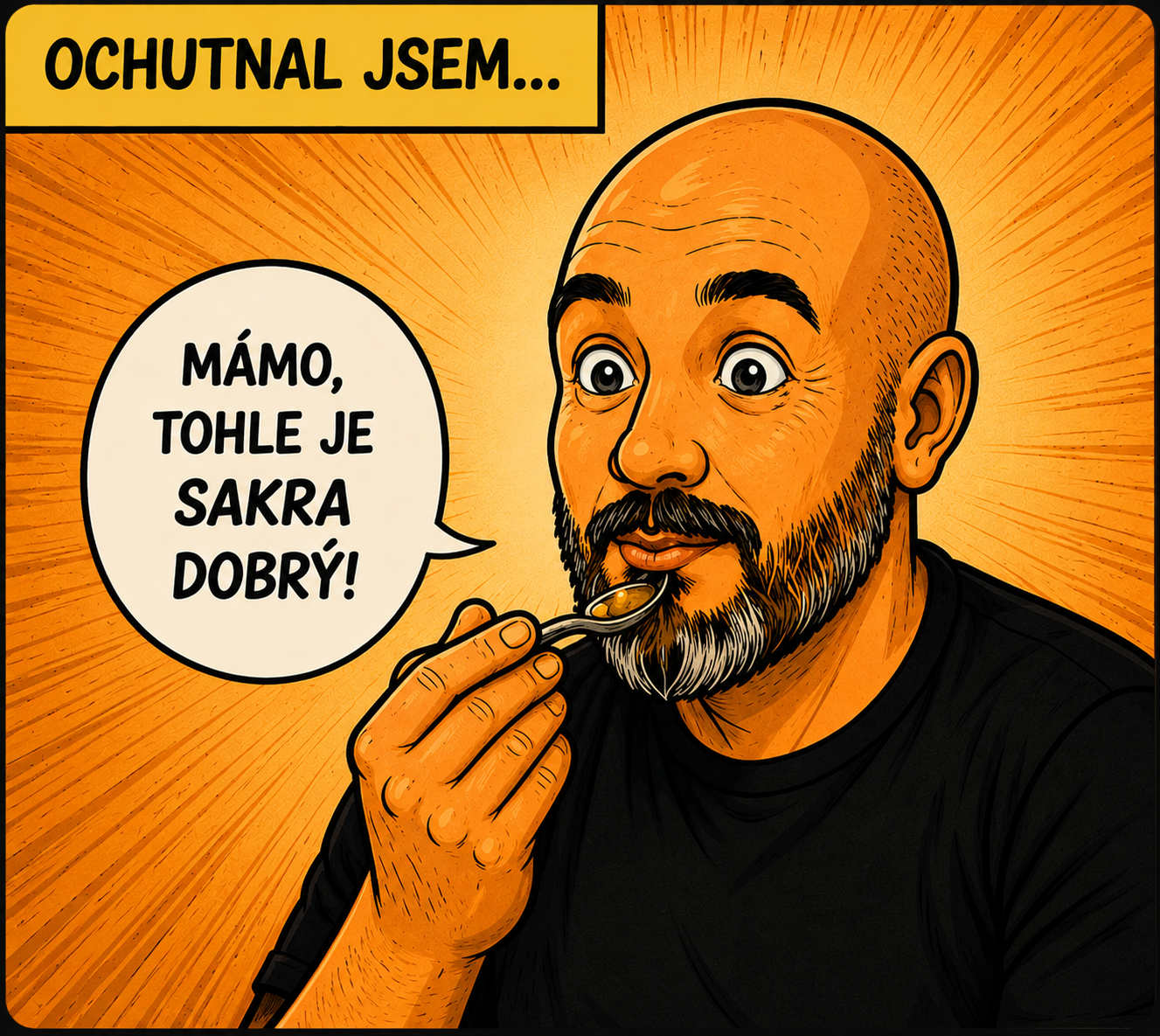 Komiks panel 1: máma předává recept synovi v kuchyni