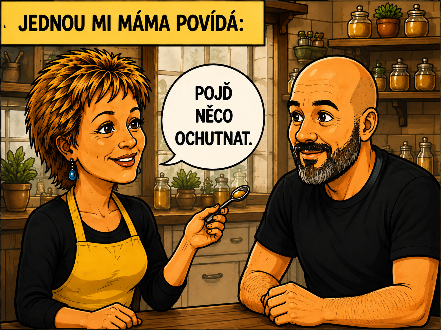 Komiks panel 1: máma předává recept synovi v kuchyni