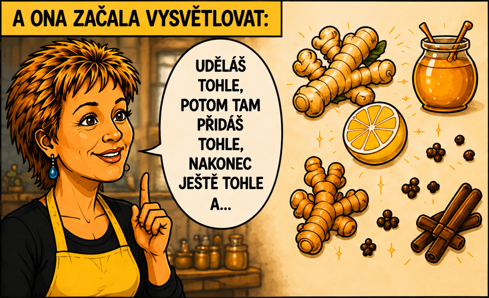 Komiks panel 4: hotová LÁHEV ZAZ-VOR na pultu, světlo shora