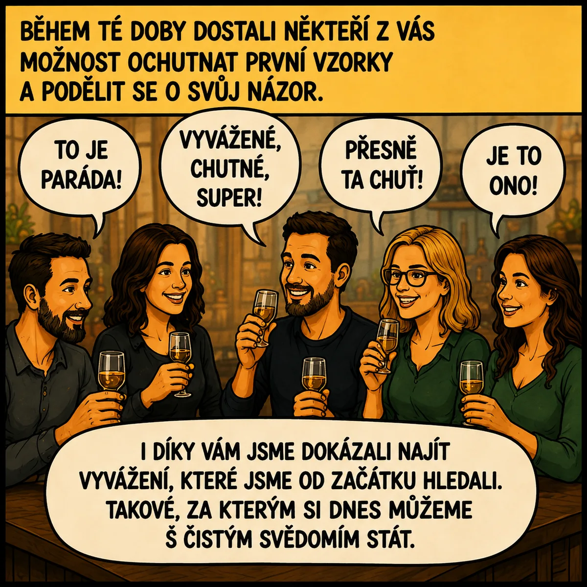 Komiks panel 3: parta přátel ochutnává u stolu